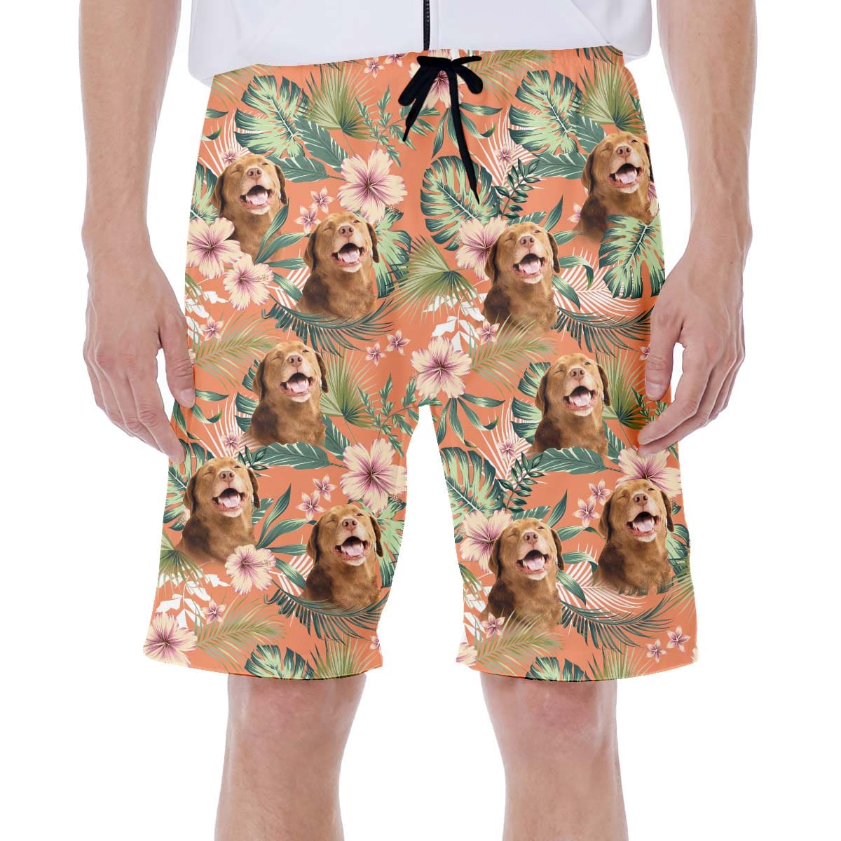 Custom Hawaiian Short With Dog Face | Personalized Gift For Puppy Lovers | Leaves & Flowers Pattern Carrot Color Aloha Short