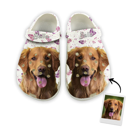 Custom Clogs With Pet Face | Personalized Gift For Pet Lovers | Purple Butterflies Photo