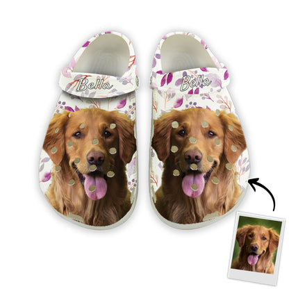 Custom Clogs With Pet Face | Personalized Gift For Pet Lovers | Purple Watercolor Leaves Photo