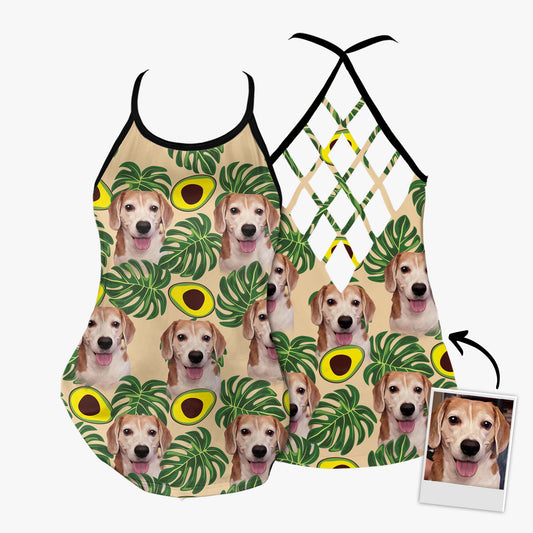 Custom Avocado & Leaves Pattern Criss Cross Tank Top (Lemon Zest Color)