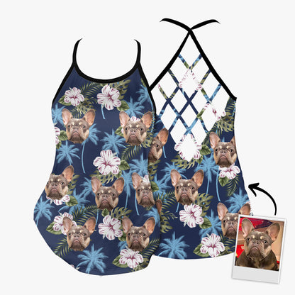 Custom Blue Palm Tree Pattern Criss Cross Tank Top