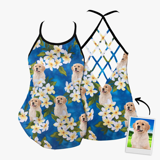 Débardeur personnalisé à fleurs et croix bleue à dos ouvert