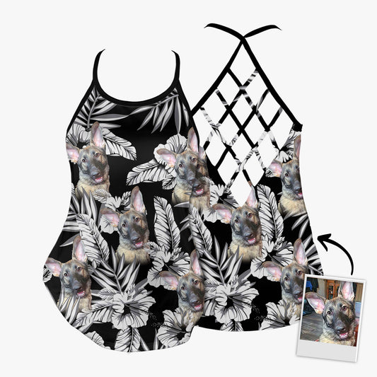 Custom Flowers Pattern Criss Cross Tank Top (Black Color)