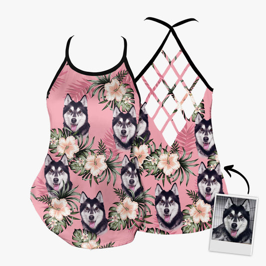 Custom Flowers Pattern Criss Cross Tank Top (Pink Color)