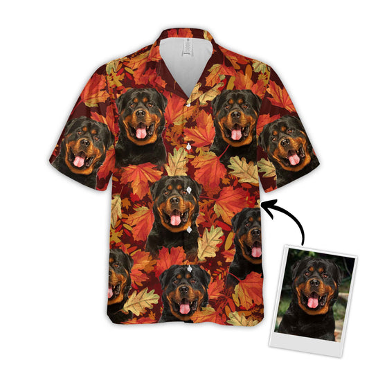 Custom Hawaiian Shirt With Pet Face | Personalized Gift For Pet Lovers | Leaves Pattern Red Color Aloha Shirt