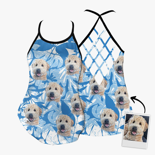 Custom Leaves & Flowers Pattern Criss Cross Tank Top (Blue Color)