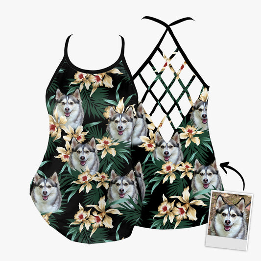 Custom Leaves & Flowers Pattern Criss Cross Tank Top (Dark Green Color)