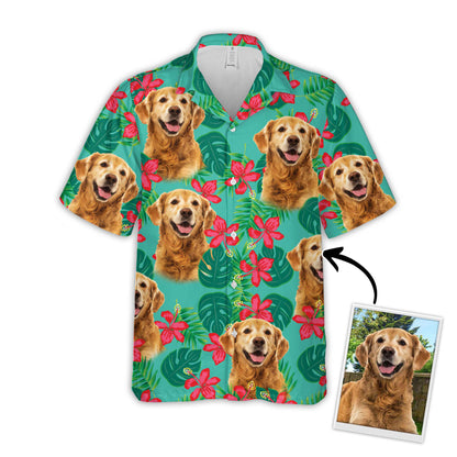 Chemise hawaïenne personnalisée pour les amateurs de chiens | Cadeau personnalisé pour les amoureux des chiots | Chemise Aloha couleur menthe à motif feuilles et fleurs
