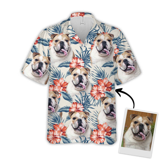 Chemise hawaïenne personnalisée pour les amateurs de chiens | Cadeau personnalisé pour les amoureux des chiots | Chemise Aloha de couleur blanche à motif de feuilles et de fleurs
