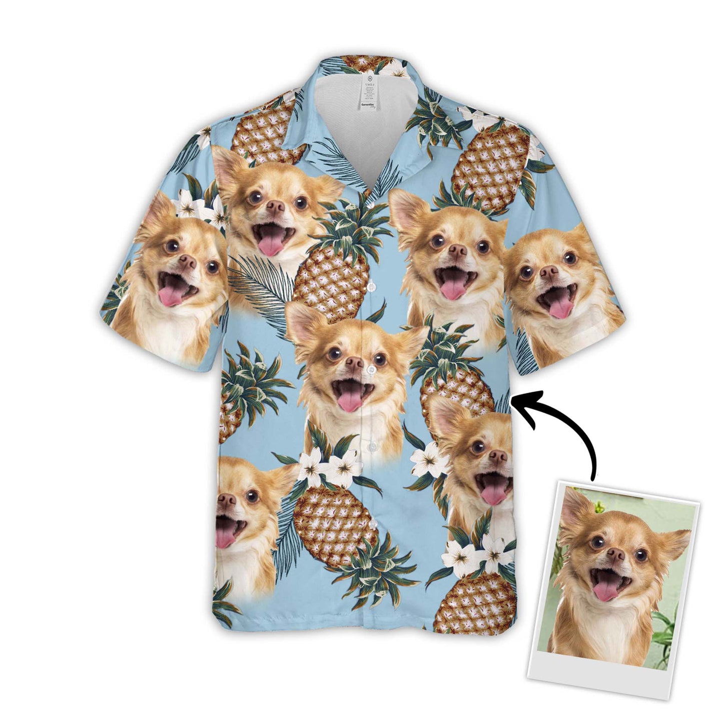 Custom Hawaiian Shirt With Pet Face | Personalized Gift For Pet Lovers | Pineapple Pattern Light Blue Color Aloha Shirt