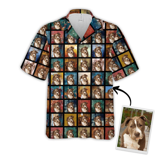 Chemise hawaïenne personnalisée avec visage d’animal de compagnie | Cadeau personnalisé pour les amoureux des animaux de compagnie | Chemise Aloha à motif portrait carré