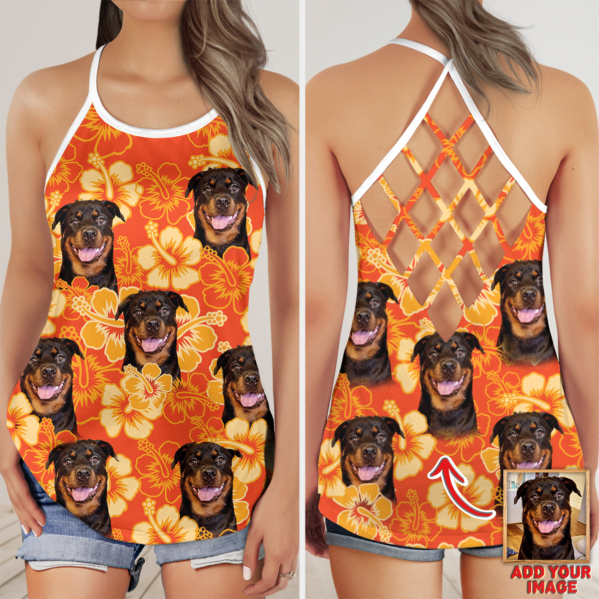 Custom Flowers Pattern Criss Cross Tank Top (Neon Orange Color)