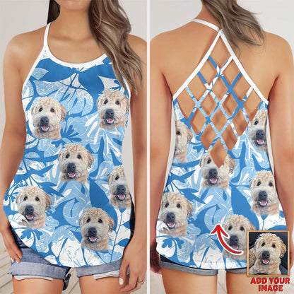 Custom Leaves & Flowers Pattern Criss Cross Tank Top (Blue Color)