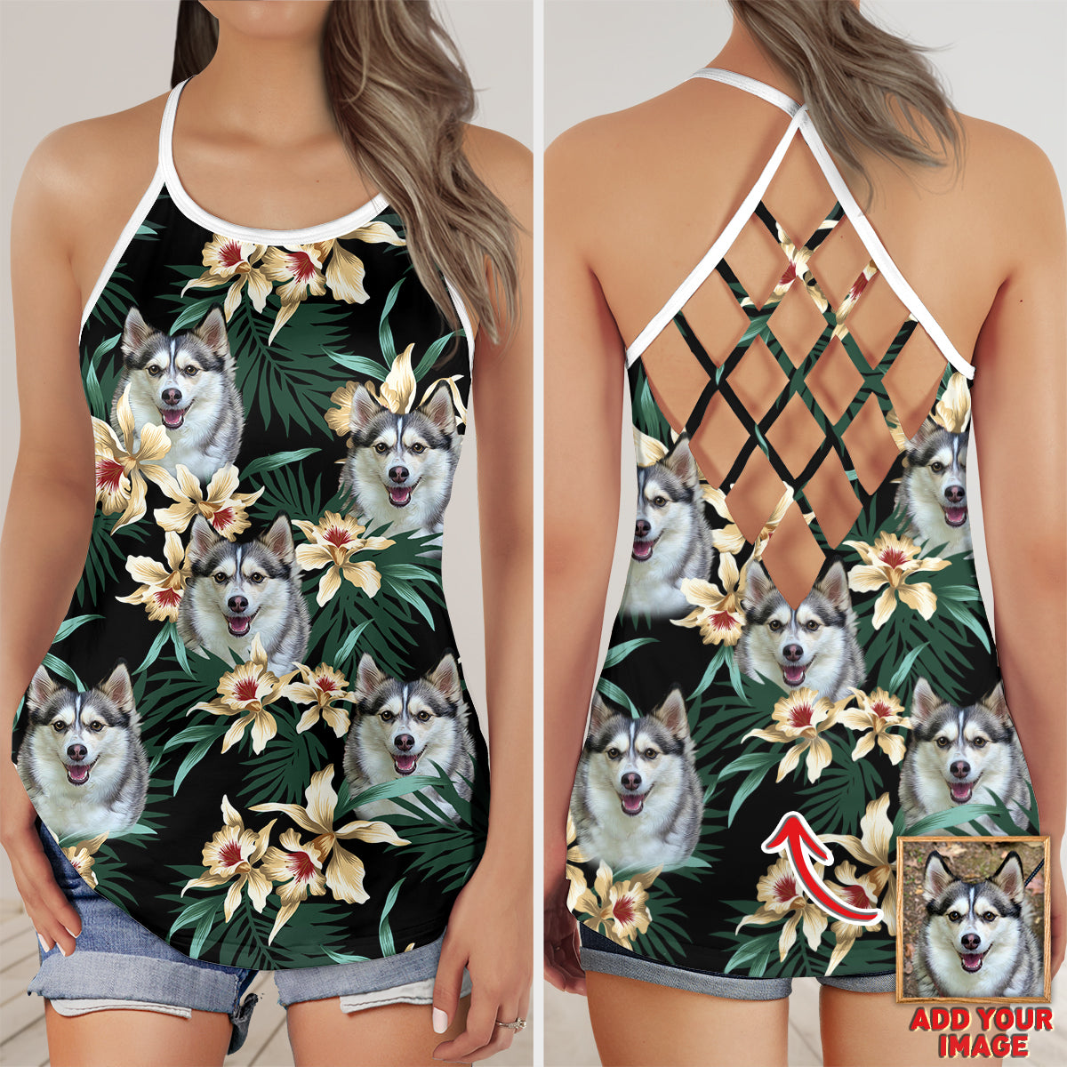 Custom Leaves & Flowers Pattern Criss Cross Tank Top (Dark Green Color)