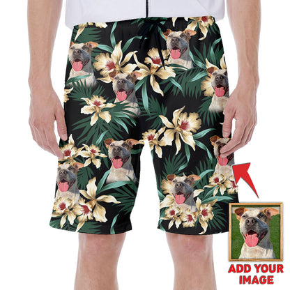 Custom Hawaiian Short With Dog Face | Personalized Gift For Puppy Lovers | Leaves & Flowers Pattern Dark Green Color Aloha Short