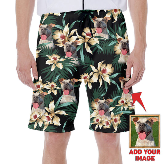 Short hawaïen personnalisé avec visage de chien | Cadeau personnalisé pour les amateurs de chiots | Motif de feuilles et de fleurs Couleur vert foncé Aloha Short