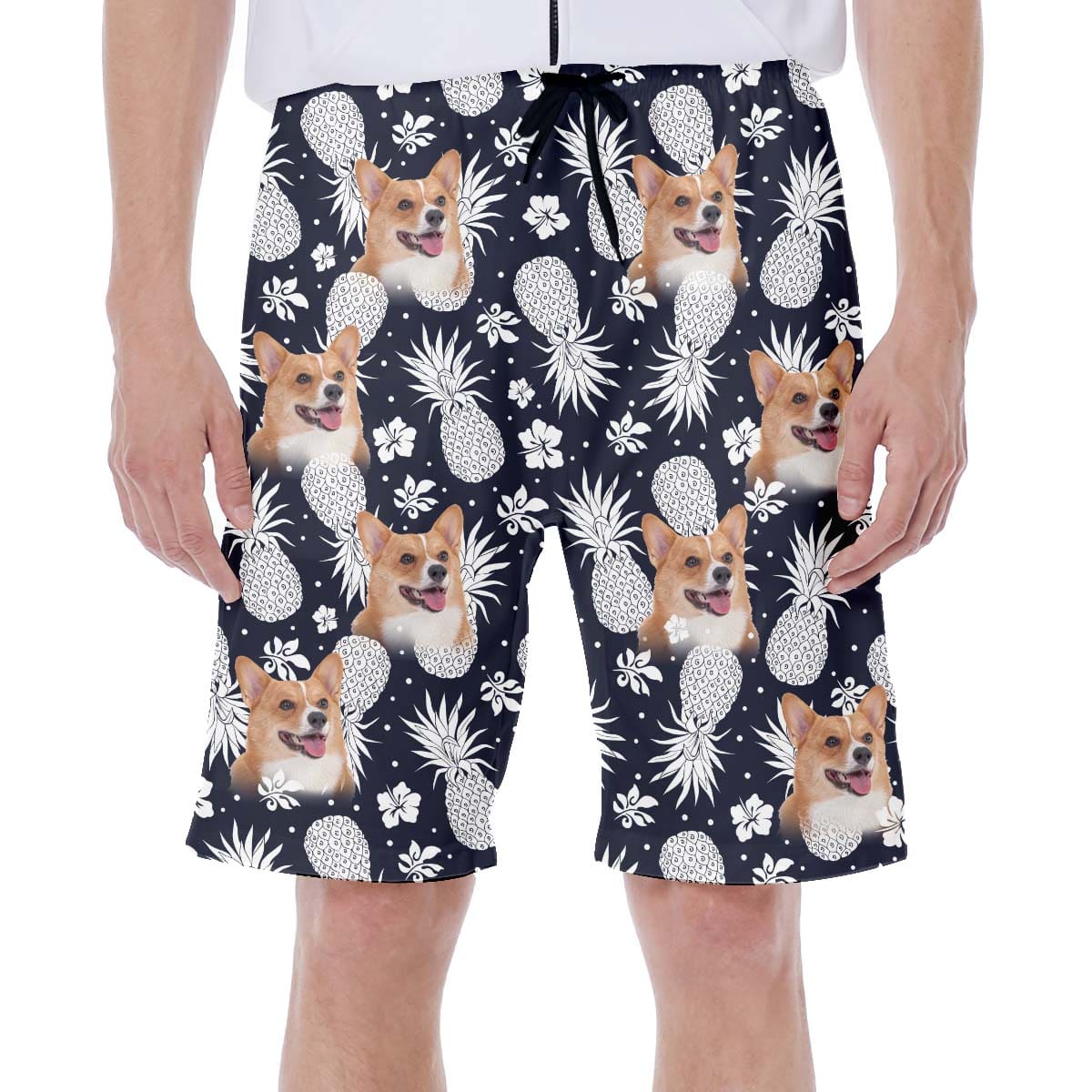 Custom Hawaiian Short With Dog Face | Personalized Gift For Puppy Lovers | Pineapple Pattern Dark Navy Color Aloha Short