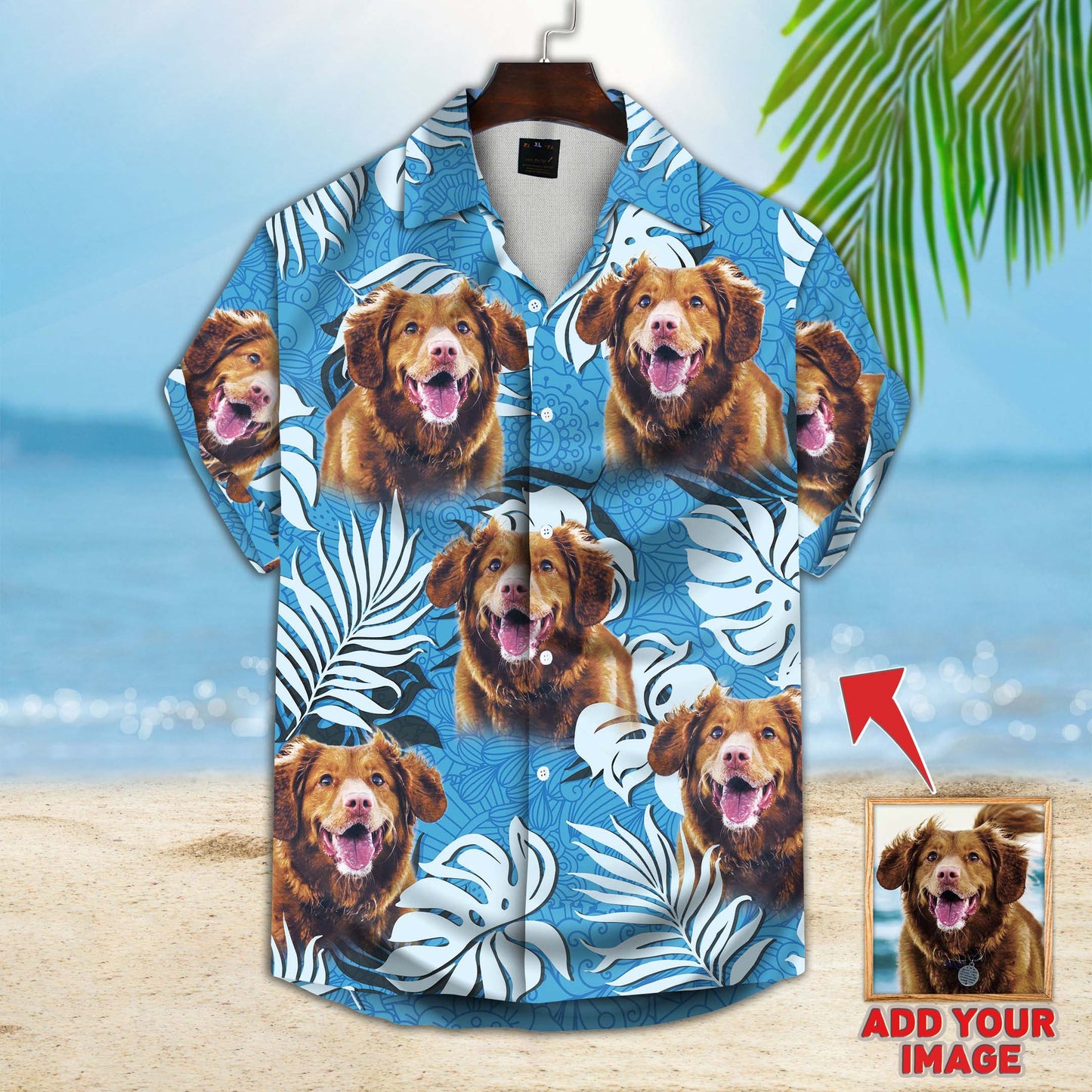 Chemise hawaïenne personnalisée avec photo pour animaux de compagnie | Cadeau personnalisé pour les amoureux des animaux de compagnie | Chemise Aloha de couleur bleu mer à motif de feuilles