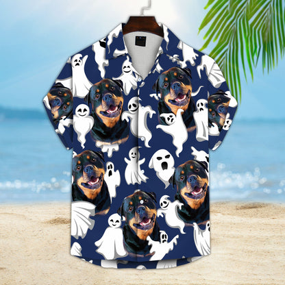 Custom Hawaiian Shirt With Pet Face | Personalized Gift For Pet Lovers | Funny Ghost Pattern Navy Color Aloha Shirt