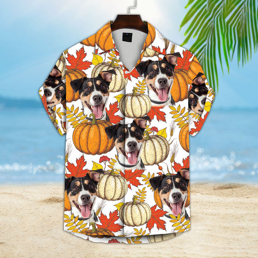 Custom Hawaiian Shirt With Pet Face | Personalized Gift For Pet Lovers | Leaves & Pumpkin Pattern White Color Aloha Shirt