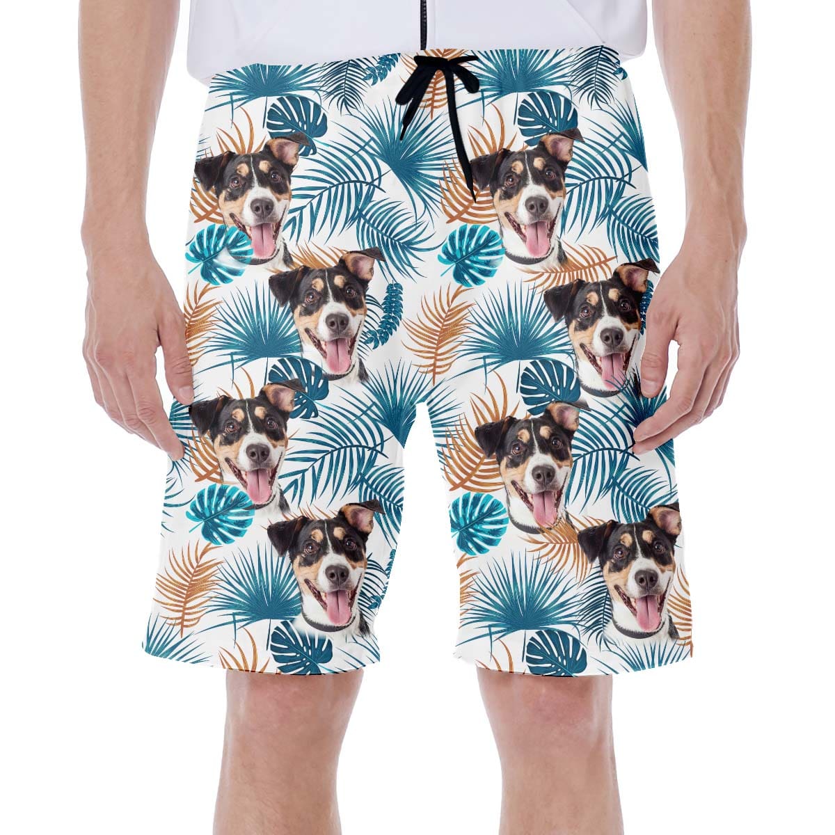 Custom Hawaiian Short With Dog Face | Personalized Gift For Puppy Lovers | Leaves Pattern Short White Color Aloha Short
