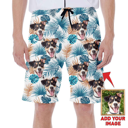 Short hawaïen personnalisé avec visage de chien | Cadeau personnalisé pour les amateurs de chiots | Feuilles motif court couleur blanche Aloha court