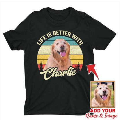 T-shirt personnalisé avec visage d’animal de compagnie | Cadeau personnalisé pour les amoureux des chiens et des chats | La vie est meilleure avec un t-shirt unisexe pour chien