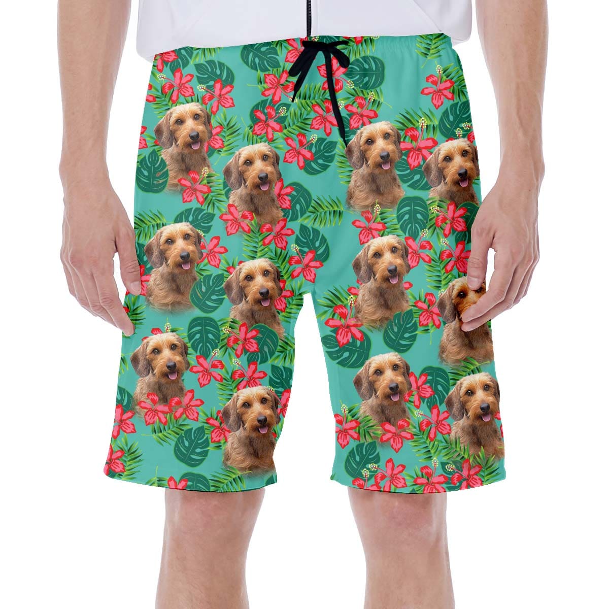 Custom Hawaiian Short With Dog Face | Personalized Gift For Puppy Lovers | Leaves & Flowers Pattern Mint Color Aloha Short