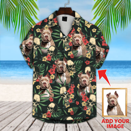 Custom Hawaiian Shirt With Pet Face | Personalized Gift For Pet Lovers | Tropical Colorful Seamless With Skulls, Flowers & Leaves Pattern Aloha Shirt