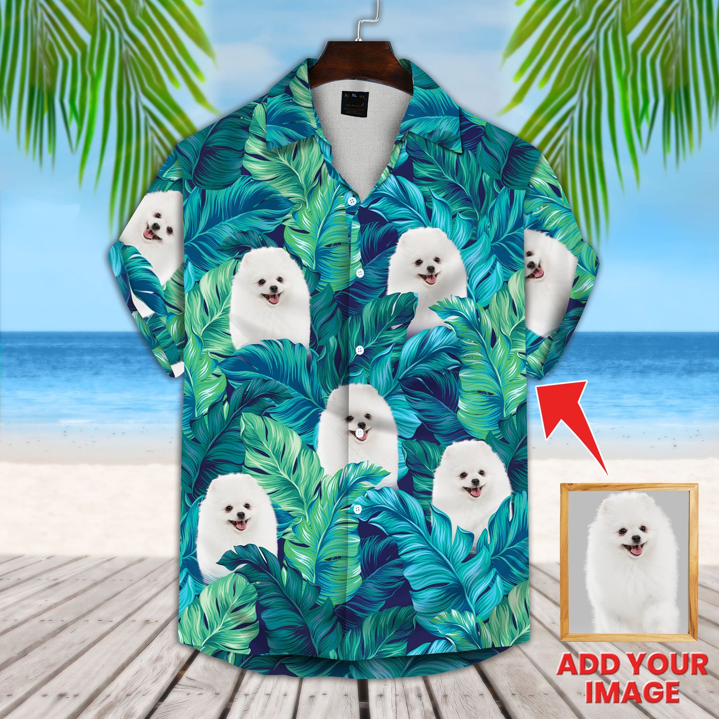 Chemise hawaïenne personnalisée avec visage d’animal de compagnie | Cadeau personnalisé pour les amoureux des animaux de compagnie | Chemise Aloha à motif de feuilles tropicales turquoise et bleues