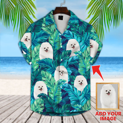 Chemise hawaïenne personnalisée avec visage d’animal de compagnie | Cadeau personnalisé pour les amoureux des animaux de compagnie | Chemise Aloha à motif de feuilles tropicales turquoise et bleues
