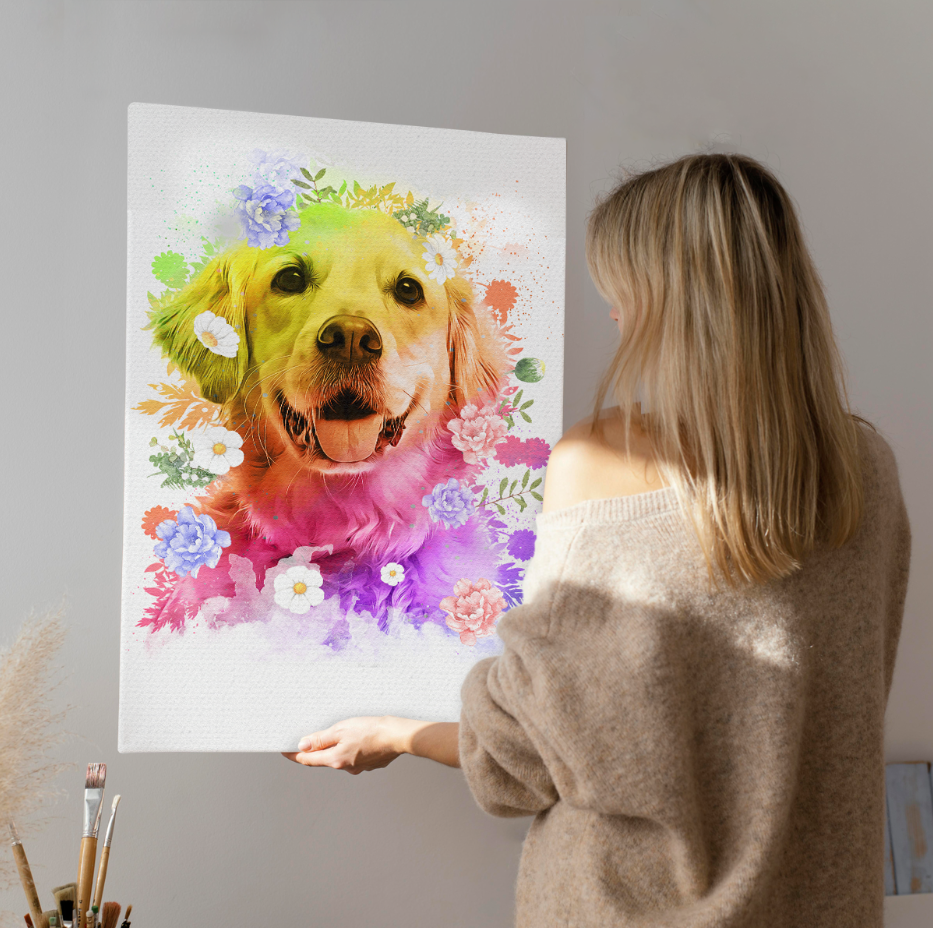 Flowers Watercolor Portrait Custom Pet Portrait Canvas