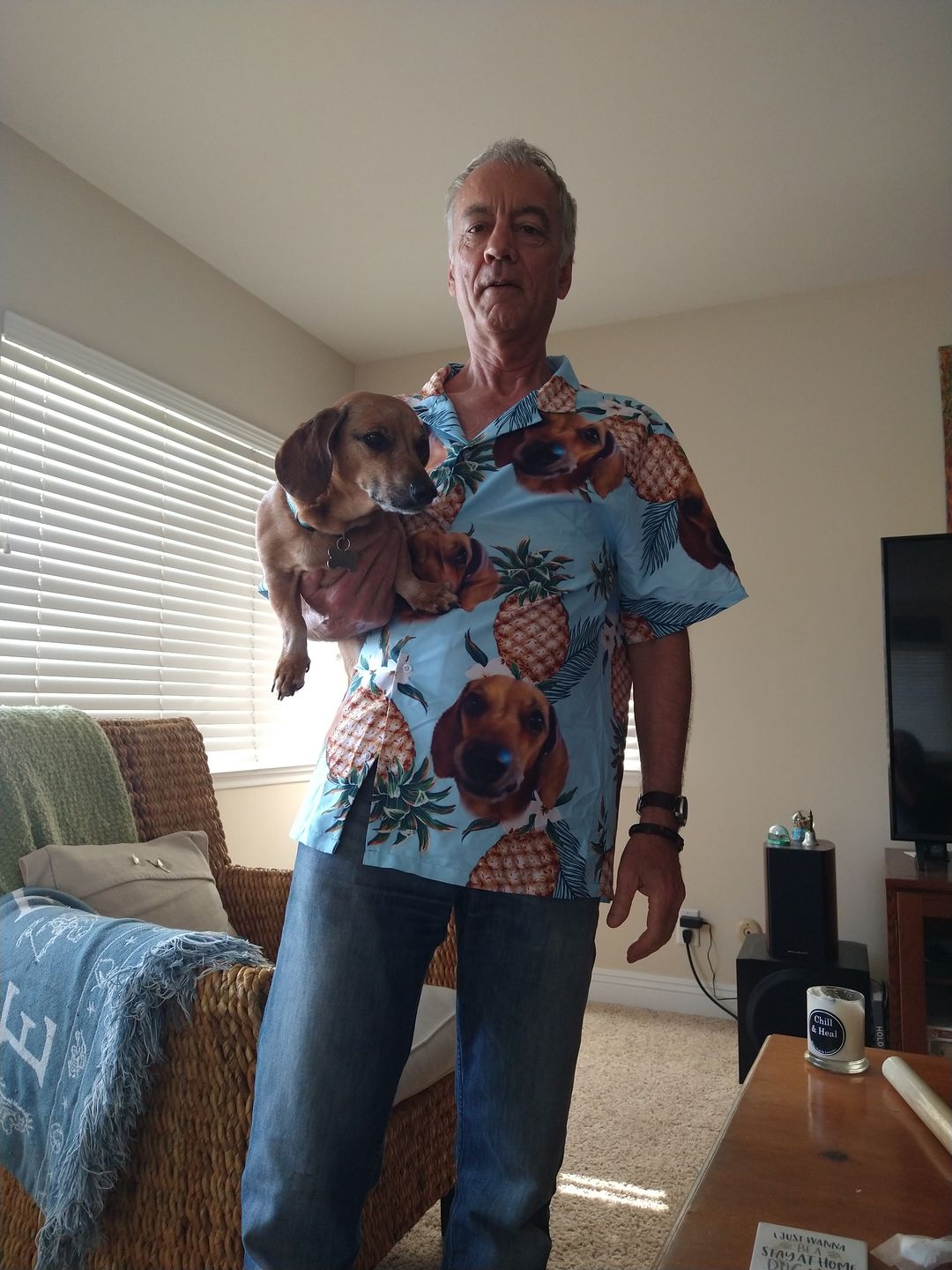 Chemise hawaïenne personnalisée avec visage d’animal de compagnie | Cadeau personnalisé pour les amoureux des animaux de compagnie | Chemise Aloha de couleur bleu clair à motif d'ananas