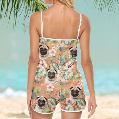 Custom V-neck Cami Romper With Pet Photo | Personalized Gift For Dog Mom | Carrot Leaves & Flowers Pattern