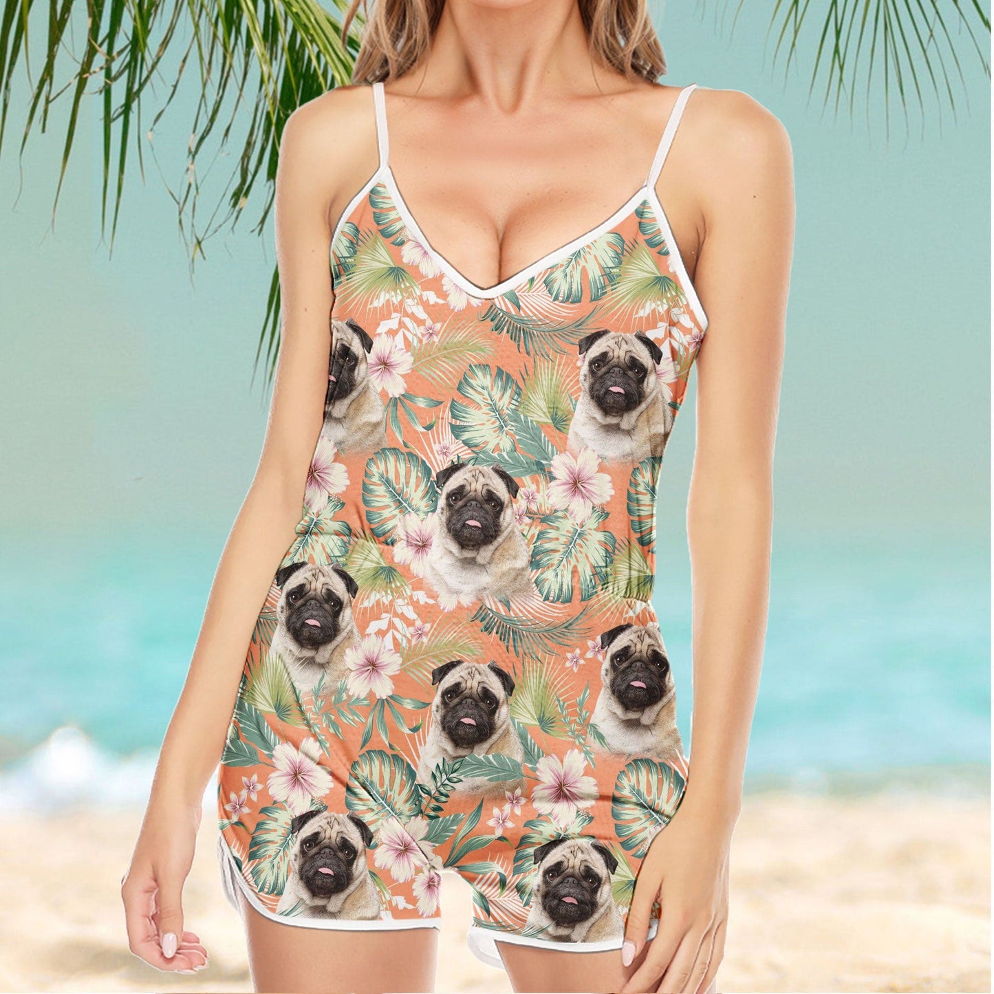 Custom V-neck Cami Romper With Pet Photo | Personalized Gift For Dog Mom | Carrot Leaves & Flowers Pattern