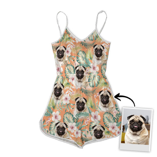Custom V-neck Cami Romper With Pet Photo | Personalized Gift For Dog Mom | Carrot Leaves & Flowers Pattern