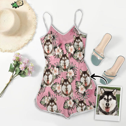 Custom V-neck Cami Romper With Pet Photo | Personalized Gift For Dog Mom | Pink Leaves & Flowers Pattern