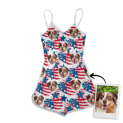 Custom V-neck Cami Romper With Pet Photo | Personalized Gift For Dog Mom | Red & Blue Pattern