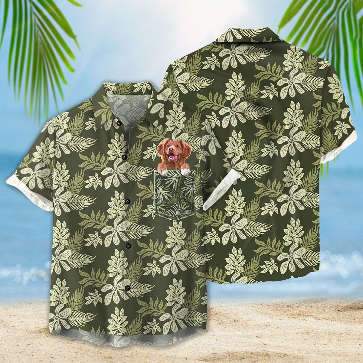 Custom Hawaiian Shirt With Pet Face | Personalized Gift For Pet Lovers | Summer Flower Pattern Military Green Color Aloha Shirt With Pocket