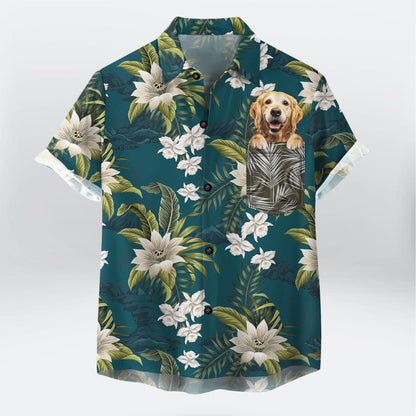 Custom Hawaiian Shirt With Pet Face | Personalized Gift For Pet Lovers | Tropical Vintage Flower Pattern Military Teal Color Aloha Shirt With Pocket
