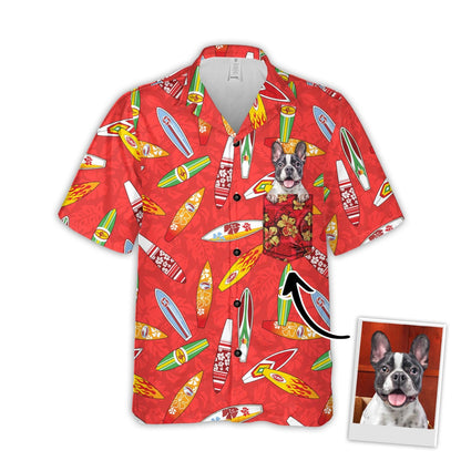 Custom Hawaiian Shirt With Pet Face | Personalized Gift For Pet Lovers | Surfboard Hibiscus Pattern Red Color Aloha Shirt With Pocket