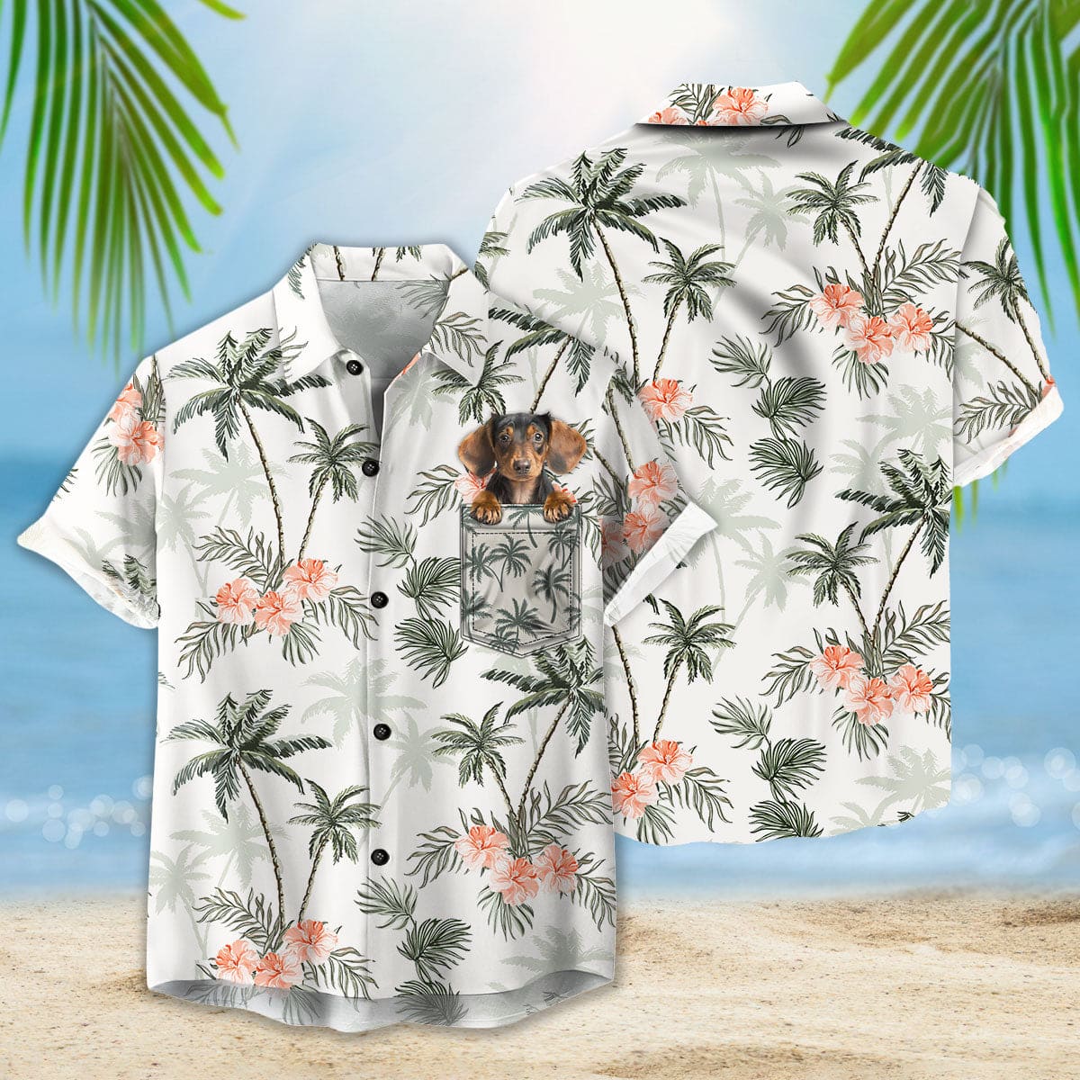 Custom Hawaiian Shirt With Pet Face | Personalized Gift For Pet Lovers | Palm Trees And Cheetah Floral Pattern White Color Aloha Shirt With Pocket