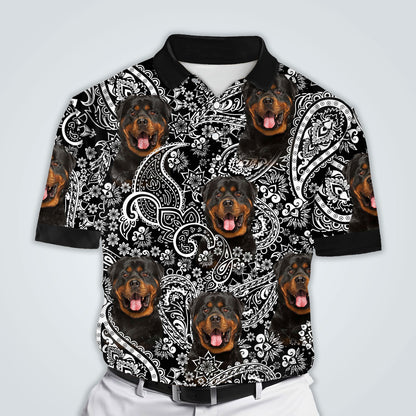 Polo personnalisé avec visage de chien | Cadeau personnalisé pour papa chien | Polo homme à motif de fleurs noir