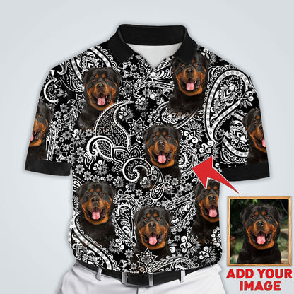 Polo personnalisé avec visage de chien | Cadeau personnalisé pour papa chien | Polo homme à motif de fleurs noir