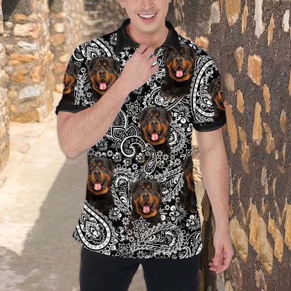 Polo personnalisé avec visage de chien | Cadeau personnalisé pour papa chien | Polo homme à motif de fleurs noir