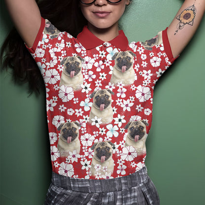 Polo personnalisé avec visage de chien | Cadeau personnalisé pour papa chien | Polo homme à motif de fleurs rouges