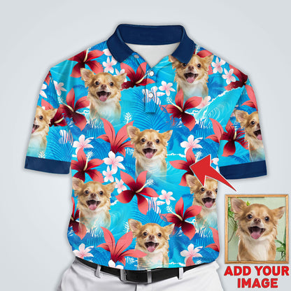 Custom Polo Shirt With Dog Face | Personalized Gift For Dog Dad | Blue Leaves & Flowers Pattern Men Polo Shirt