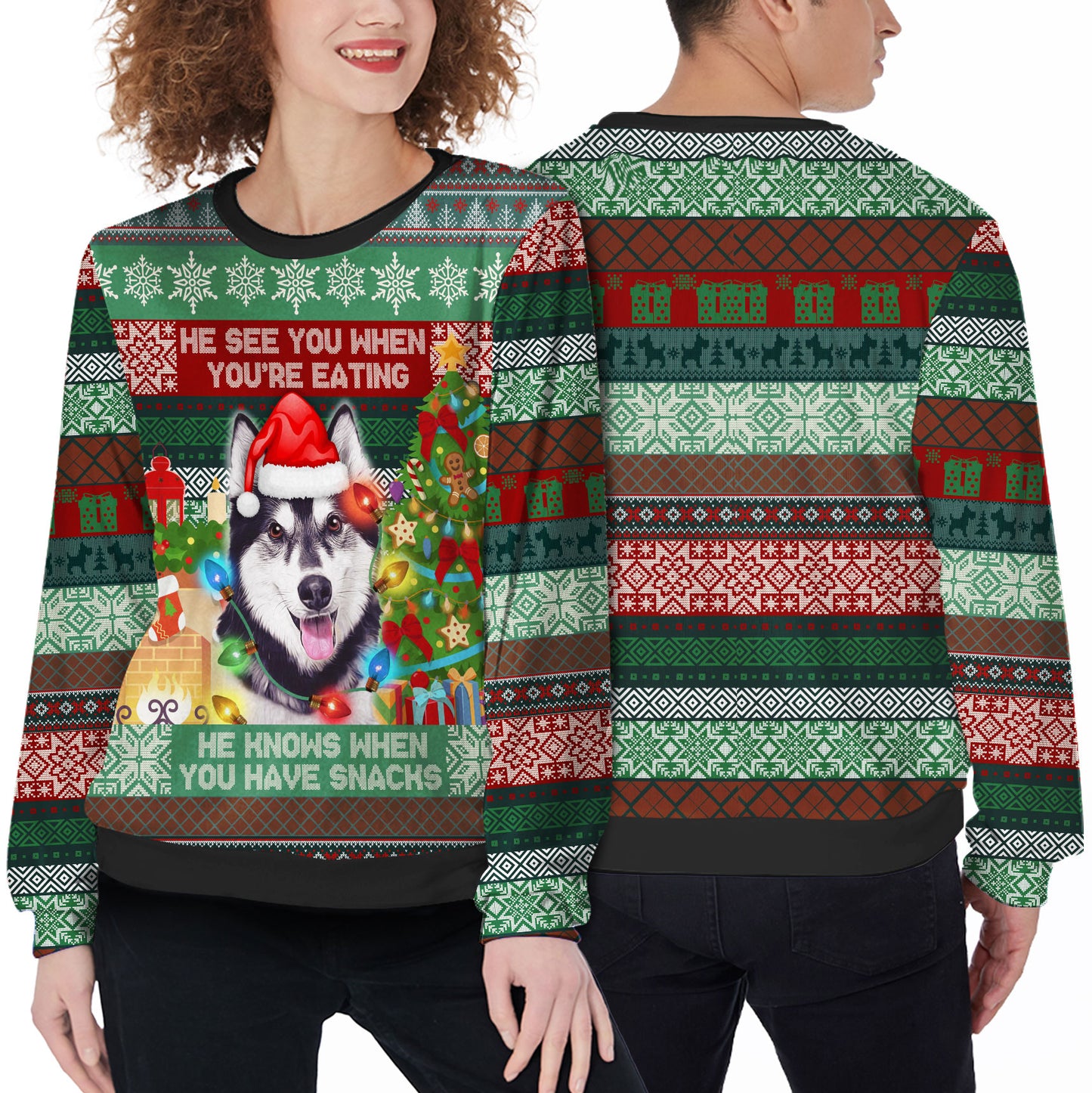 Ugly Sweater All Over Print Custom He See You When You Are Eating Snack (Vintage Color)