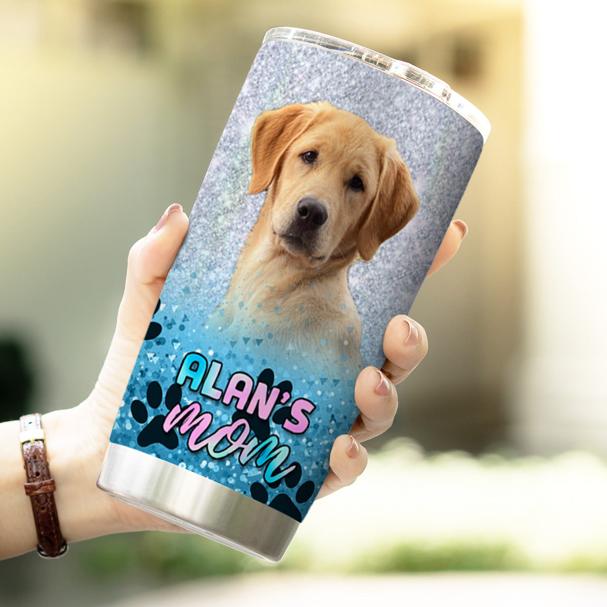 Custom Pet Glitter And Paw Pattern 20oz Personalized Tumbler (Blue Color)