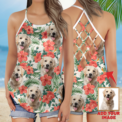 Custom Summer Red Flower Leave Criss Cross Open Back Tank Top